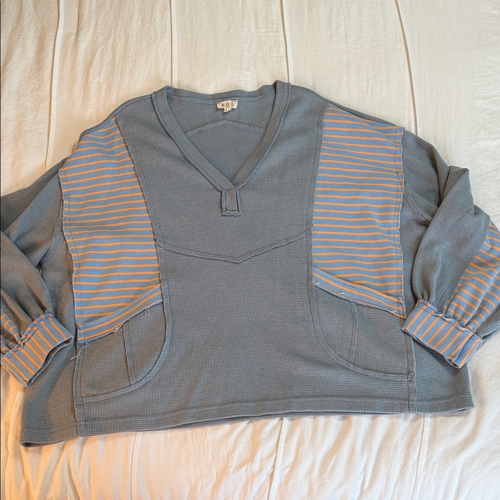 POL Women's Blue and Orange Striped V-Neck Sweater
